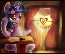 Size: 2000x1650 | Tagged: safe, artist:carligercarl, twilight sparkle, g4, female, ink, sitting, solo, table, window