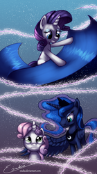 Size: 1121x2000 | Tagged: safe, artist:esuka, princess luna, rarity, sweetie belle, for whom the sweetie belle toils, g4