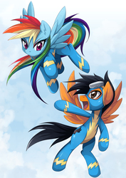 Size: 2480x3507 | Tagged: safe, artist:jinzhan, rainbow dash, oc, oc:sunset sprint, pegasus, pony, g4, commission, goggles, high res, spread wings, wonderbolts, wonderbolts uniform