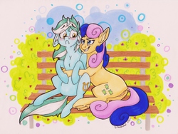 Size: 2165x1629 | Tagged: safe, artist:mylittlerainbowtail, bon bon, lyra heartstrings, sweetie drops, g4, bench, female, hug, lesbian, ship:lyrabon, shipping, sitting, traditional art