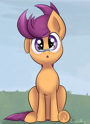 Size: 1024x1414 | Tagged: safe, artist:cuckooparty, scootaloo, g4, feather, female, implied rainbow dash, solo