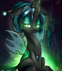 Size: 2600x3000 | Tagged: safe, artist:kyodashiro, queen chrysalis, changeling, changeling queen, g4, alternate hairstyle, female, glowing, high res, short hair, sitting, solo