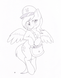 Size: 925x1180 | Tagged: safe, artist:joey darkmeat, derpy hooves, pony, semi-anthro, g4, bipedal, blushing, female, hat, heart, letter, mailbag, mailpony, monochrome, solo, the legend of zelda, traditional art