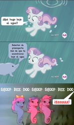 Size: 1024x1728 | Tagged: safe, artist:izziizumi, edit, edited screencap, screencap, sweetie belle, dolphin, sea pony, for whom the sweetie belle toils, g1, g4, comic, scene interpretation, shoo be doo, spanish, translated in the description, underwater