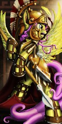Size: 1024x2048 | Tagged: safe, artist:lordgood, fluttershy, pegasus, pony, g4, badass, clothes, female, flutterbadass, greek, greek clothes, palindrome get, solo, spear, sword, xiphos