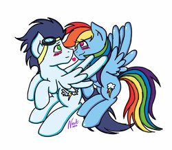 Size: 1024x894 | Tagged: safe, artist:negzd, rainbow dash, soarin', g4, blushing, boop, female, flying, goggles, heart, male, noseboop, old cutie mark, ship:soarindash, shipping, smiling, straight