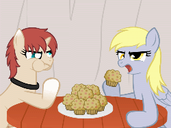 Size: 500x375 | Tagged: safe, artist:aha-mccoy, derpy hooves, oc, oc:corel, pony, unicorn, g4, animated, eating, eating contest, female, mare, muffin, personality swap, stuffing, that pony sure does love muffins, this will end in weight gain