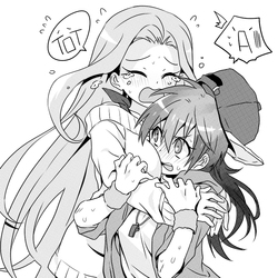 Size: 800x800 | Tagged: dead source, safe, artist:re_ghotion, fluttershy, rainbow dash, human, g4, blushing, boob smothering, clothes, crying, female, grayscale, hat, hug, humanized, lesbian, monochrome, scared, ship:flutterdash, shipping, sweater, sweatershy, tsundere, whistle