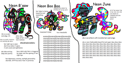 Size: 1024x536 | Tagged: safe, artist:sugarlala-wut, oc, oc only, oc:neon b'aaw, oc:neon boo boo, oc:neon june, alicorn, bat pony, bat pony alicorn, earth pony, pony, alicorn oc, bat wings, body markings, bracelet, colored horn, colored wings, comic sans, cute, cyan eyes, donut steel, donut's teal, ear piercing, earring, ears back, earth pony oc, edgy, emo, ethereal hair, ethereal mane, ethereal tail, eyeshadow, facial markings, female, filly, foal, frown, heart, horn, implied anxiety, implied depression, jewelry, joke oc, lipstick, makeup, mare, multicolored hair, multicolored horn, multicolored mane, multicolored tail, multicolored wings, parody, piercing, ponytail, rainbow horn, red eyes, scene, simple background, starry tail, stars, tail, text, white background, wings