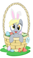 Size: 5400x9600 | Tagged: safe, artist:techrainbow, derpy hooves, pegasus, pony, g4, absurd resolution, basket, bunny ears, cute, derpabetes, easter, easter egg, egg, female, mare, muffin, solo