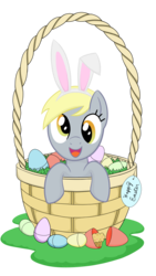 Size: 5400x9600 | Tagged: safe, artist:techrainbow, derpy hooves, pegasus, pony, g4, absurd resolution, basket, bunny ears, cute, derpabetes, easter, easter egg, egg, female, mare, muffin, simple background, solo, transparent background