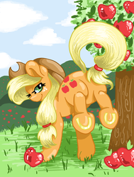 Size: 2480x3273 | Tagged: safe, artist:sk-ree, applejack, g4, apple, applebucking, applebutt, butt, female, high res, looking back, plot, solo, tree, underhoof