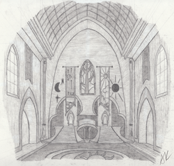 Size: 2497x2391 | Tagged: safe, artist:rettro, castle, castle of the royal pony sisters, high res, monochrome, scenery, traditional art