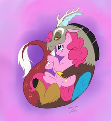 Size: 1886x2055 | Tagged: safe, artist:zabchan, discord, pinkie pie, g4, blushing, cuddling, cute, diapinkes, duo, female, hug, male, ship:discopie, shipping, snuggling, straight, tongue out
