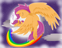 Size: 2000x1541 | Tagged: safe, artist:vavacung, scootaloo, g4, cloud, cloudy, moon, rainbow, underhoof