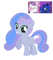 Size: 400x453 | Tagged: safe, artist:unoriginai, oc, oc only, oc:midnight sonata, grin, looking at you, magical lesbian spawn, offspring, parent:princess luna, parent:sweetie belle, parents:lunabelle, raised hoof, simple background, smiling, white background