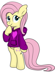 Size: 3023x4000 | Tagged: safe, artist:schizophrenicghost, fluttershy, pony, g4, bipedal, clothes, female, hoodie, solo