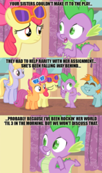 Size: 800x1350 | Tagged: safe, edit, edited screencap, screencap, apple bloom, cloud kicker, scootaloo, snips, spike, dragon, earth pony, pegasus, pony, unicorn, for whom the sweetie belle toils, g4, colt, female, filly, image macro, implied shipping, implied sparity, implied straight, male, mare, meme, scene parody, straight