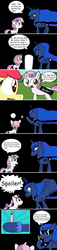 Size: 2572x11275 | Tagged: safe, artist:helsaabi, apple bloom, princess luna, sweetie belle, g4, comic, crossover, men in black, neuralizer