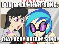 Size: 800x600 | Tagged: safe, artist:thelivingmachine02, dj pon-3, octavia melody, vinyl scratch, human, g4, achy breaky song, humanized, image macro, meme, weird al yankovic