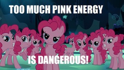 Size: 584x329 | Tagged: safe, edit, edited screencap, screencap, pinkie pie, earth pony, pony, g4, too many pinkie pies, caption, clone, female, image macro, linkara, mare, meme, meme origin, multeity, pinkie clone, power rangers, reference, that cute clone, too much pink energy is dangerous