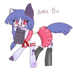 Size: 900x877 | Tagged: safe, artist:lamentedmusings, oc, oc only, oc:annie bo, book, clothes, glasses, meganekko, mouth hold, school uniform, skirt, solo, weeaboo