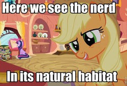 Size: 682x467 | Tagged: safe, screencap, applejack, twilight sparkle, earth pony, pony, unicorn, g4, season 3, spike at your service, book, get, horn, image macro, index get, library, meme, nerd