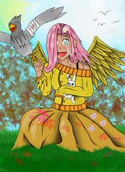 Size: 1700x2338 | Tagged: safe, artist:mlj-lucarias, angel bunny, fluttershy, human, g4, clothes, humanized, sweater, sweatershy