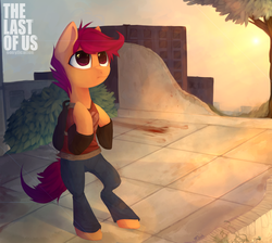 Size: 1900x1700 | Tagged: safe, artist:pfjerk, scootaloo, pegasus, pony, g4, backpack, belt, bipedal, clothes, female, pants, parody, solo, sun, the last of us, tree