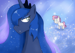 Size: 2250x1575 | Tagged: safe, artist:mlj-lucarias, princess luna, sweetie belle, for whom the sweetie belle toils, g4