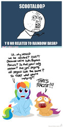 Size: 632x1263 | Tagged: safe, artist:raygirl, rainbow dash, scootaloo, pegasus, pony, g4, cutie mark, duo, female, filly, hooves, lineless, mare, meme, open mouth, racism, simple background, spread wings, teeth, text, that's racist, white background, wings, y u no guy