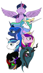 Size: 800x1336 | Tagged: safe, artist:donzatch, king sombra, princess cadance, princess celestia, princess luna, queen chrysalis, shining armor, twilight sparkle, alicorn, pony, g4, female, mare, simple background, twilight sparkle (alicorn)