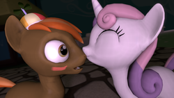 Size: 1280x720 | Tagged: safe, artist:pyrofrost1, button mash, sweetie belle, g4, 3d, blushing, female, kissing, male, ship:sweetiemash, shipping, source filmmaker, straight
