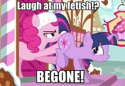 Size: 685x470 | Tagged: safe, edit, edited screencap, screencap, pinkie pie, twilight sparkle, pony, unicorn, baby cakes, g4, butt touch, diaper, diaper on head, female, fetish, hoof on butt, image macro, mare, meme, non-baby in diaper, pushing, rump push
