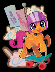 Size: 665x861 | Tagged: safe, artist:cenit-v, scootaloo, pegasus, pony, flight to the finish, g4, black background, blank flank, cloud, cute, cutealoo, female, filly, flag, helmet, looking at you, open mouth, open smile, scooter, simple background, smiling, solo, spread wings, wings
