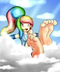 Size: 1759x2104 | Tagged: safe, artist:xptzstudios, rainbow dash, human, g4, alternate hairstyle, barefoot, cloud, cloudy, cute, dashabetes, feet, female, foot fetish, foot focus, humanized, soles, solo, toes, wiggling toes