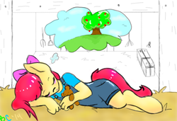Size: 548x375 | Tagged: safe, artist:bunnycat, apple bloom, earth pony, anthro, unguligrade anthro, g4, clothes, dream, female, filly, on side, overalls, sleeping, solo, teddy bear, young