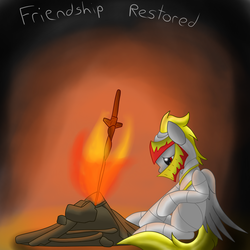 Size: 2600x2600 | Tagged: safe, artist:flashiest lightning, oc, oc only, pegasus, pony, armor, bonfire, dark souls, fantasy class, fire, game, high res, knight, solo, sword, warrior