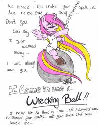 Size: 2530x3204 | Tagged: safe, artist:monsterbunnii, oc, oc only, alicorn, pony, alicorn oc, high res, miley cyrus, solo, song reference, wrecking ball