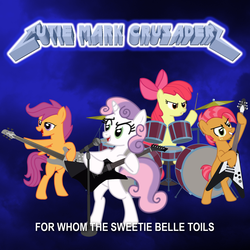 Size: 1425x1425 | Tagged: safe, artist:1992zepeda, apple bloom, babs seed, scootaloo, sweetie belle, for whom the sweetie belle toils, g4, bass guitar, cutie mark crusaders, drums, electric guitar, for whom the bell tolls, guitar, heavy metal, metallica, microphone, musical instrument, parody, ride the lightning, scootabass