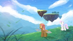 Size: 1191x670 | Tagged: safe, artist:repoisn, button mash, sweetie belle, g4, chrono cross, chrono trigger, clothes, cloud, cloudy, cosplay, costume, floating island, grass, kid, kingdom of zeal, lens flare, serge, sun, tree, waterfall, weapon