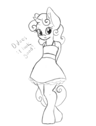 Size: 411x541 | Tagged: safe, artist:bunnycat, sweetie belle, anthro, g4, clothes, dress, female, monochrome, shy, sketch, solo, wip