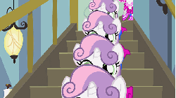 Size: 576x324 | Tagged: safe, edit, edited screencap, screencap, sweetie belle, pony, unicorn, for whom the sweetie belle toils, g4, season 4, 5-year-old, 5-year-old sweetie belle, animated, clone, clothes, cute, diasweetes, dress, female, multeity, solo, stairs, the sorcerer's apprentice, wat, weapons-grade cute