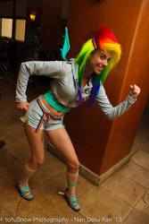 Size: 1365x2048 | Tagged: artist needed, safe, rainbow dash, human, g4, 2013, belly button, belly piercing, bellyring, clothes, convention, cosplay, irl, irl human, ndk, photo, piercing, shorts, socks, solo