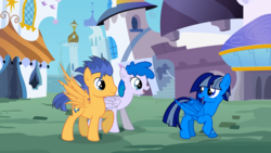 Size: 14000x7900 | Tagged: safe, artist:csillaghullo, flash sentry, oc, pegasus, pony, g4, absurd resolution, building, canon x oc, canterlot, castle, female, male, mare, palace, shipping, stallion, straight, street, tower, vector