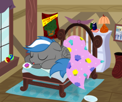 Size: 12000x10000 | Tagged: safe, artist:csillaghullo, derpy hooves, oc, oc:cloud zapper, pegasus, pony, g4, absurd resolution, bed, bedroom, book, carpet, female, lamp, muffin, painting, poster, sleeping, solo, vase, vector