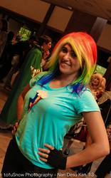 Size: 1277x2048 | Tagged: safe, artist:magyktrix, rainbow dash, human, g4, 2013, clothes, convention, cosplay, fingerless gloves, gloves, irl, irl human, ndk, photo, solo