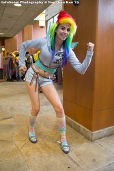 Size: 1365x2048 | Tagged: artist needed, safe, rainbow dash, human, g4, 2013, belly button, belly piercing, bellyring, clothes, convention, cosplay, irl, irl human, nan desu kan, ndk, photo, piercing, shorts, socks, solo