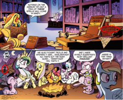 Size: 1004x819 | Tagged: safe, artist:andypriceart, edit, idw, apple bloom, applejack, fluttershy, megan williams, nightmare moon, observer (g4), pinkie pie, princess celestia, rainbow dash, rarity, scootaloo, spike, sunset shimmer, sweetie belle, twilight sparkle, alicorn, diamond dog, dragon, pegasus, pony, rat, unicorn, g4, spoiler:comic, spoiler:comicannual2013, black magic, book, campfire, comic, crisis on infinite earths, crisis on infinite equestrias, cutie mark crusaders, eyeshadow, female, filly, fire, foreshadowing, fringe, issue 4, lovecraft, male, mane six, map, mare, necronomicon, new horseleans, quantum leap (tv series), quantum physics, reference, sam beckett, scroll, soylent green, the amityville horror, there is more than one of everything, trotsylvania, walter bishop, william bell, z.f.t.