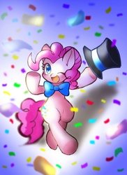 Size: 931x1280 | Tagged: safe, artist:shitamachimura, pinkie pie, g4, bow, confetti, female, hat, pixiv, solo, top hat